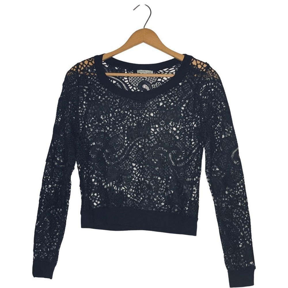 Black Lace Crop Top Whimsigoth Fairy Goth Long‎ Sleeves M Festival Sheer